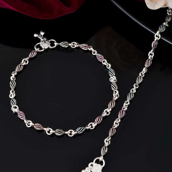 Jewels Nest Stainless Steel Silver-Tone Anklets with Leaf and Pearl Detailing