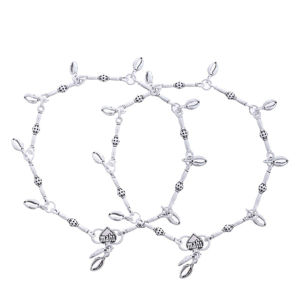 Jewels Nest Oxidized Silver-Toned Tribal Barrel Charm Anklet – Set of 2