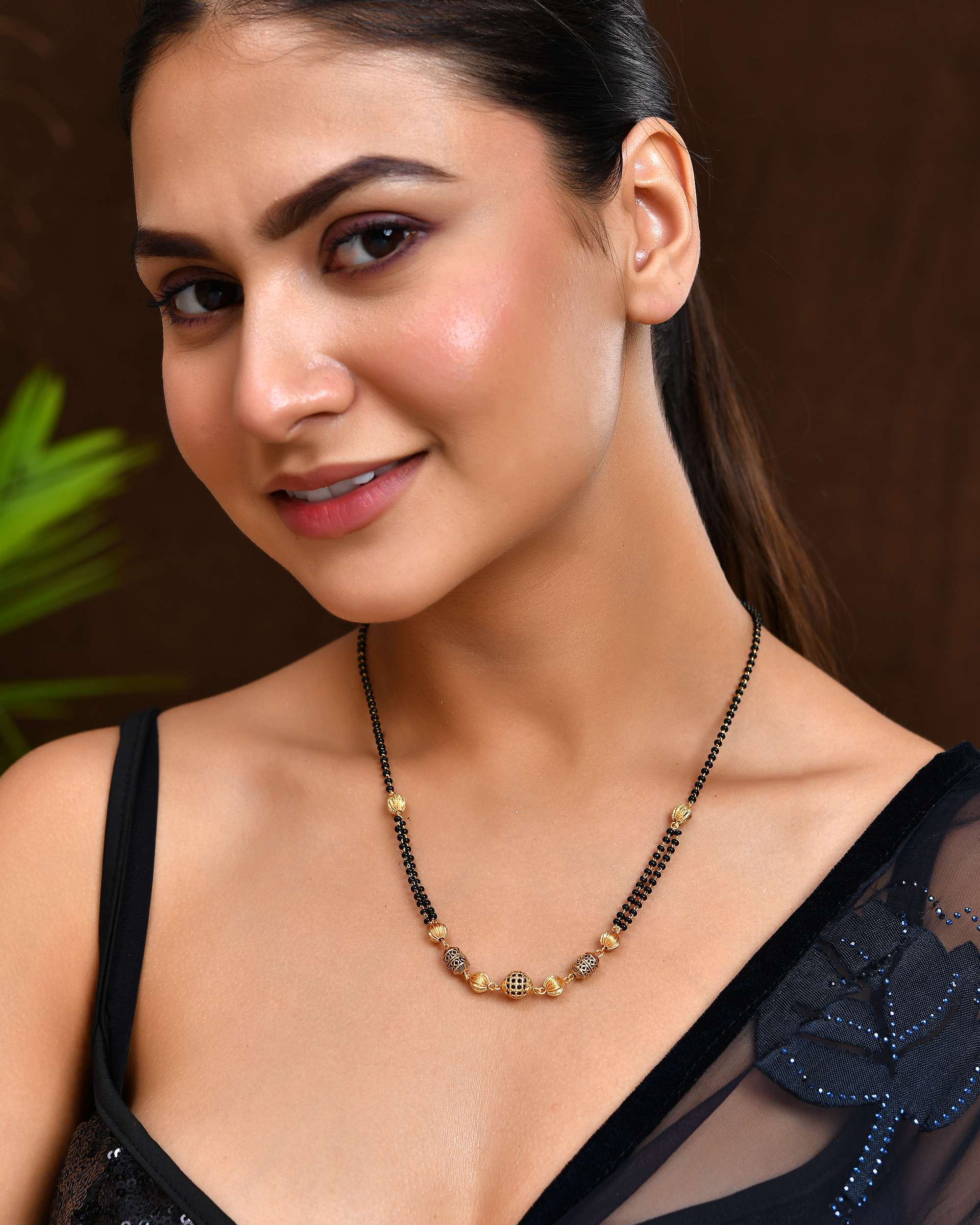 Jewels Nest Traditional Gold Bead Mangalsutra with Black Double Chain