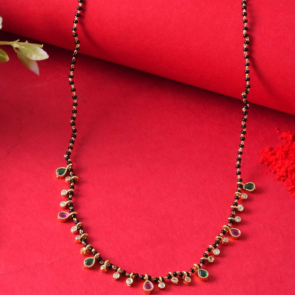 Jewels Nest Elegant Black Beads Mangalsutra with Green & Red Stone Drops – Silver Finish