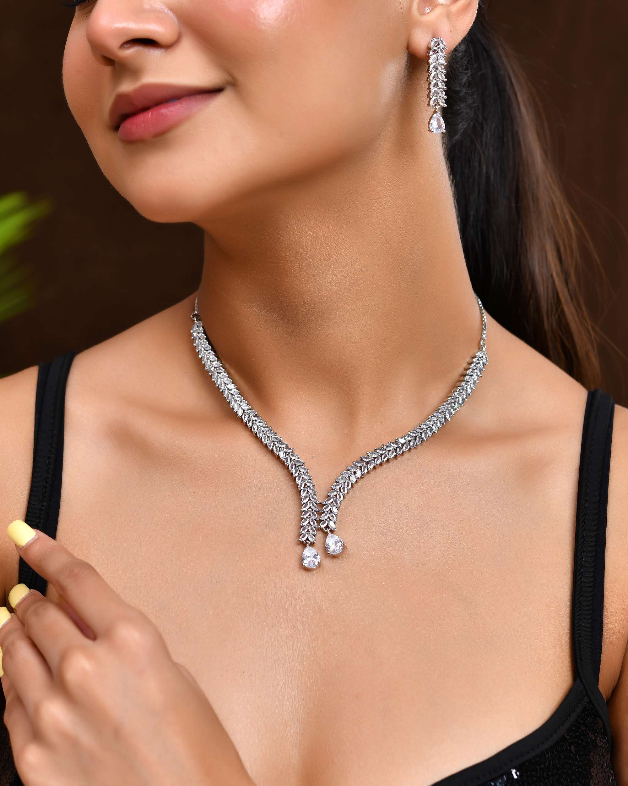 Jewels Nest Silver-Plated American Diamond Necklace Set with Teardrop CZ Stones