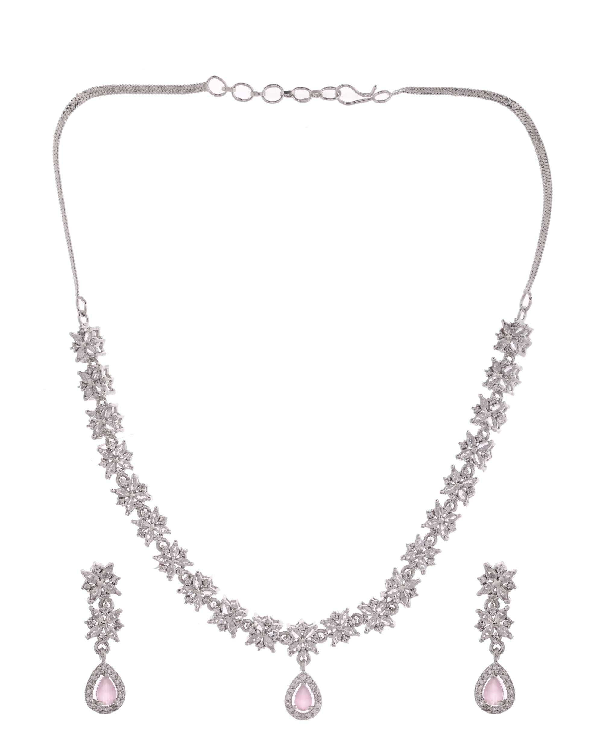 Jewels Nest Floral Design American Diamond Necklace Set with Pink Stone Drops