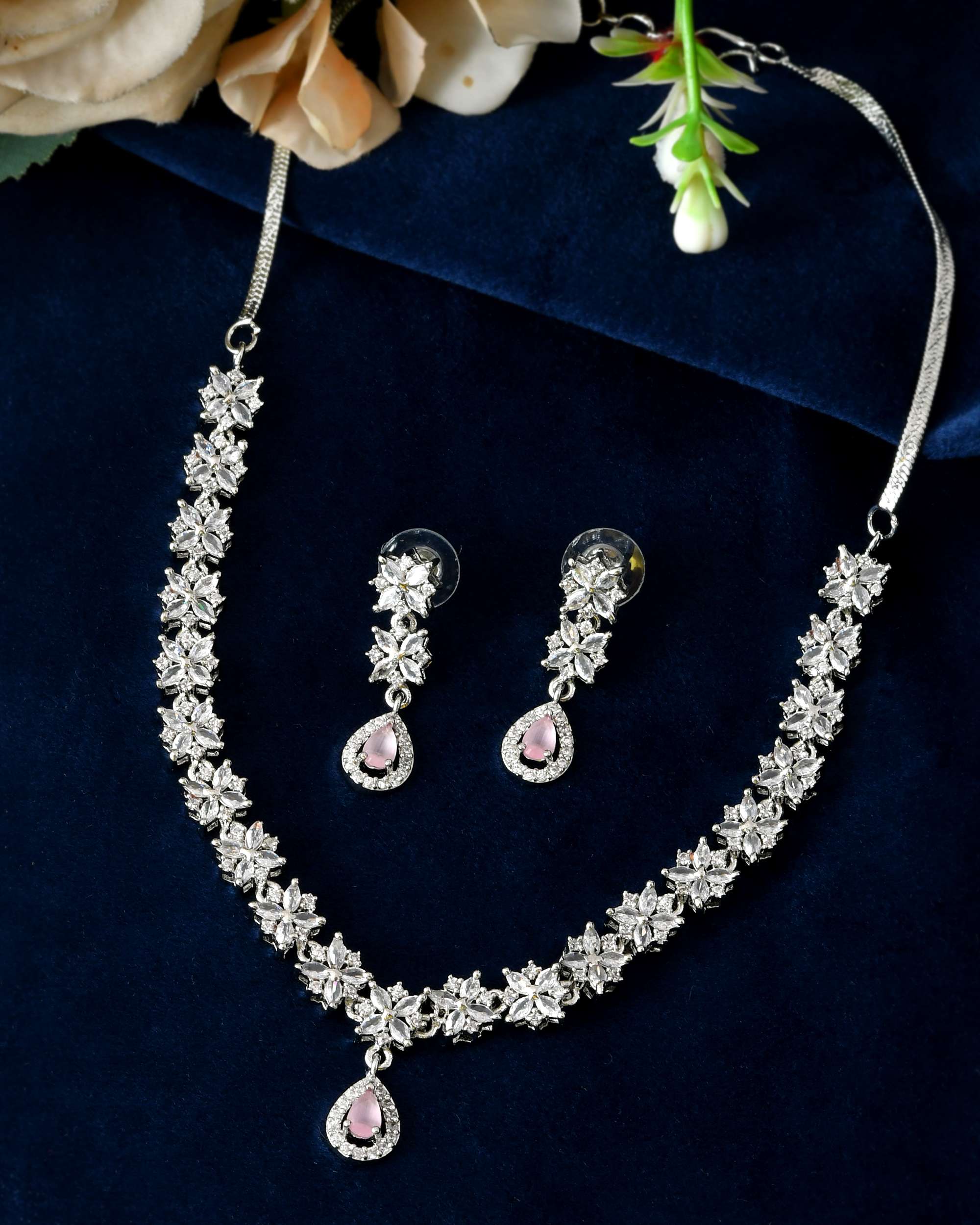 Jewels Nest Floral Design American Diamond Necklace Set with Pink Stone Drops