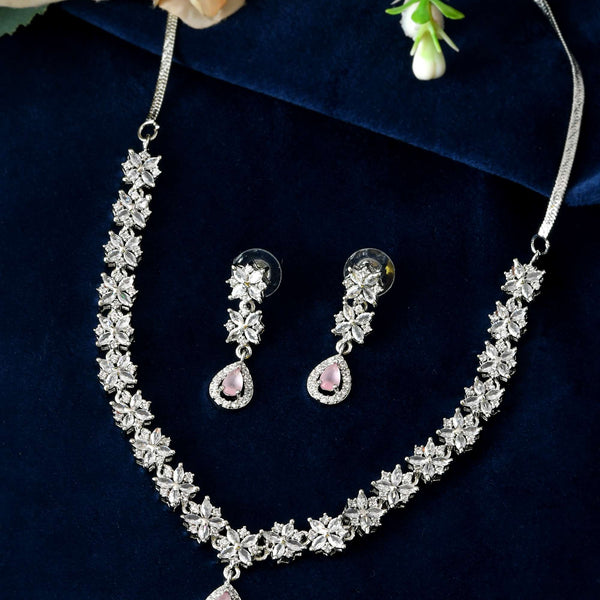 Jewels Nest Floral Design American Diamond Necklace Set with Pink Stone Drops