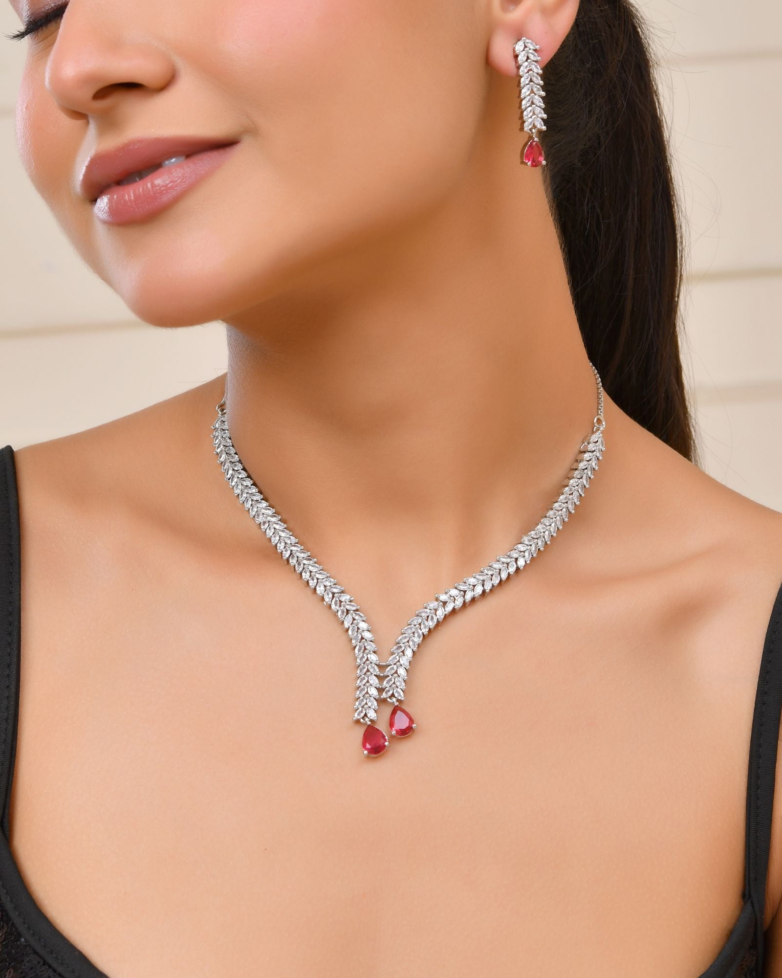 Jewels Nest Ruby Pink Diamond-Style Necklace Set With Matching Drop Earrings - Distacart