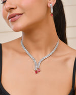 Thumbnail for Jewels Nest Ruby Pink Diamond-Style Necklace Set With Matching Drop Earrings - Distacart