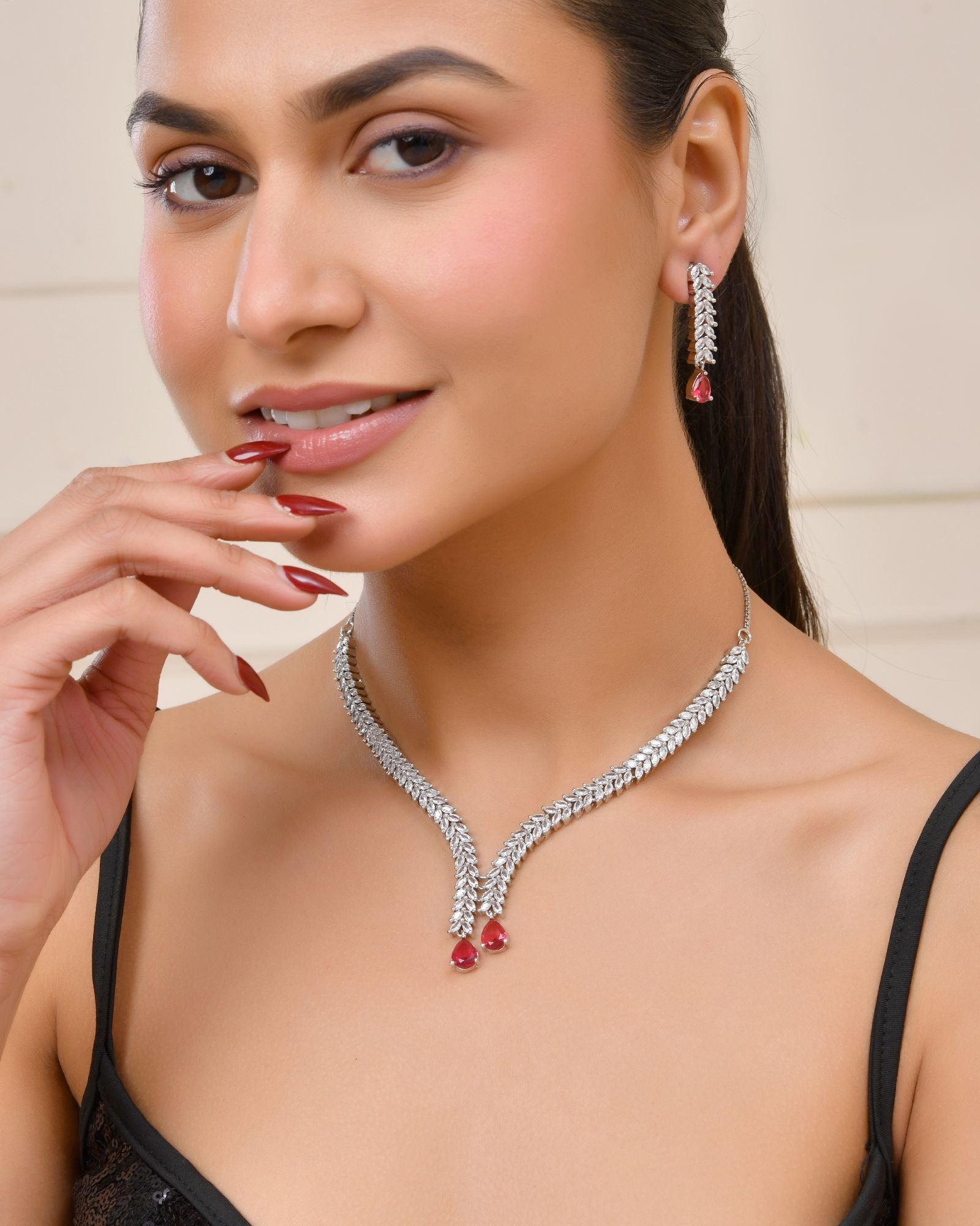 Jewels Nest Ruby Pink Diamond-Style Necklace Set With Matching Drop Earrings - Distacart