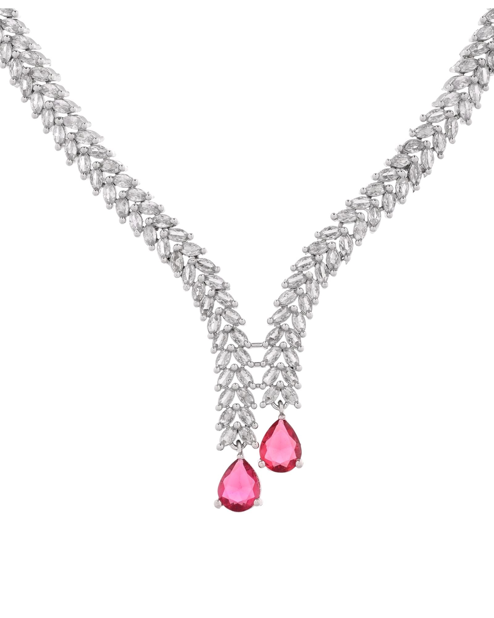 Jewels Nest Ruby Pink Diamond-Style Necklace Set With Matching Drop Earrings - Distacart