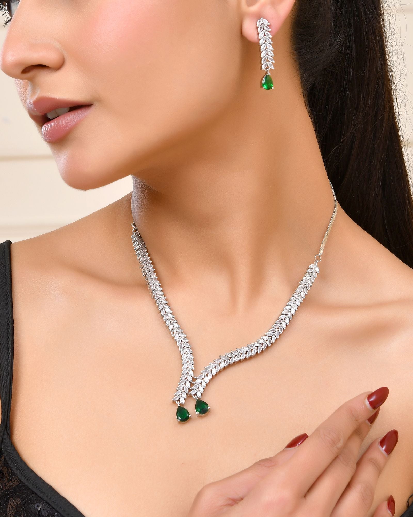 Jewels Nest Emerald Green Diamond-Style Necklace Set With Drop Earrings - Distacart