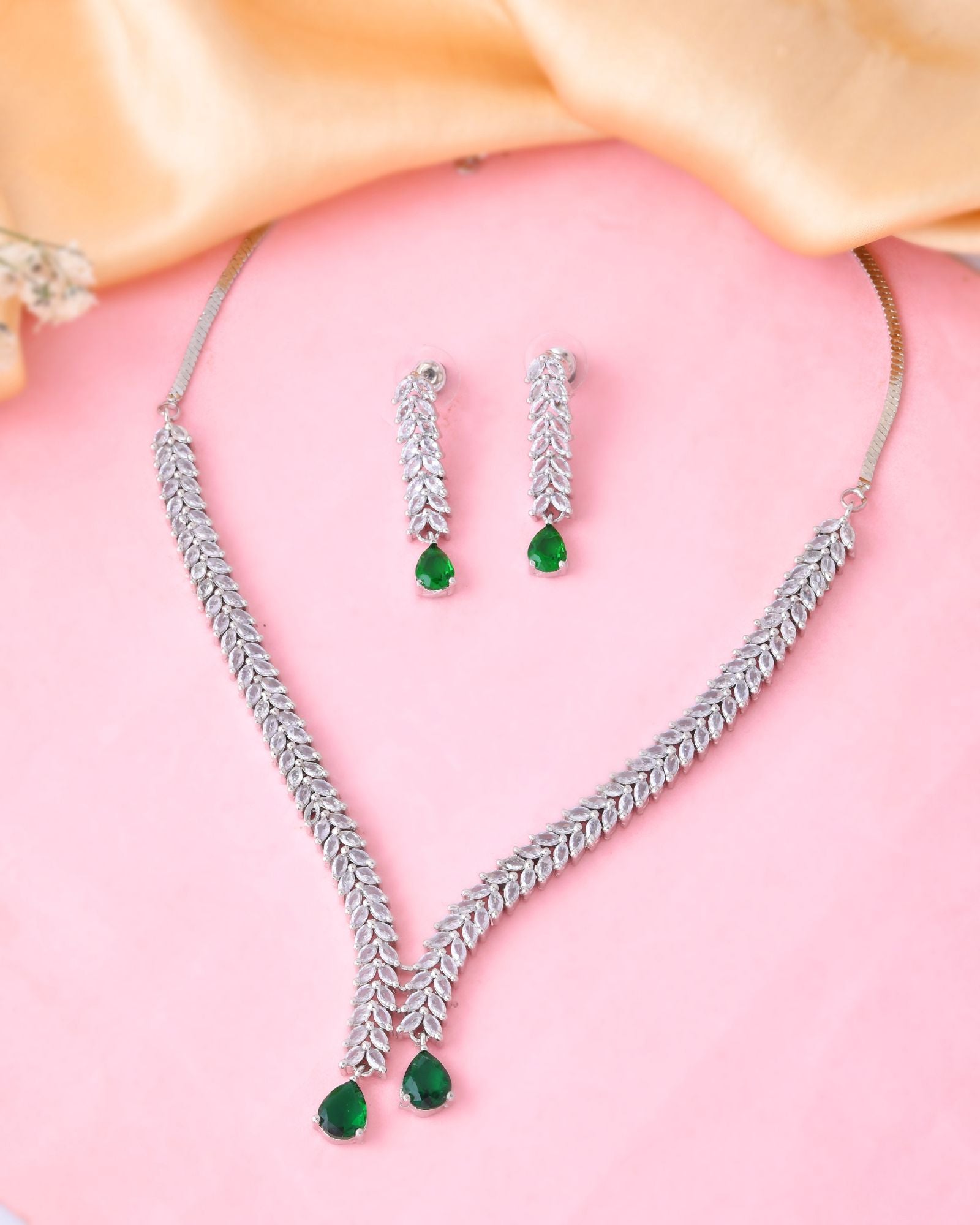 Jewels Nest Emerald Green Diamond-Style Necklace Set With Drop Earrings - Distacart