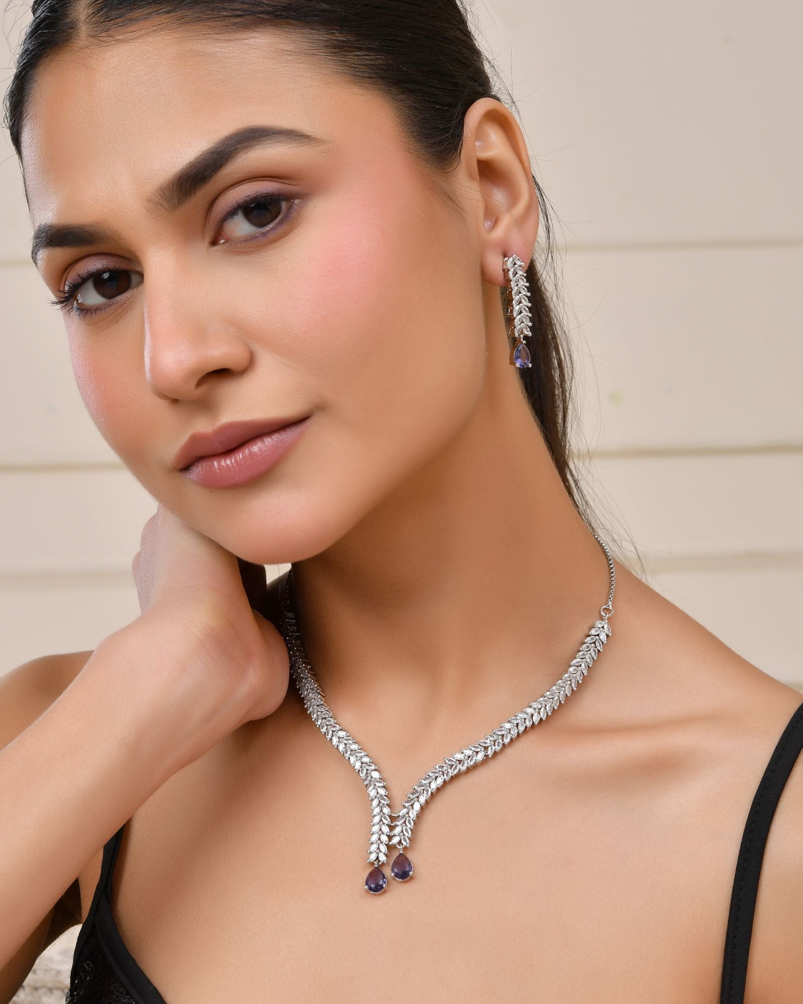 Jewels Nest Purple Stone Diamond-Style Necklace Set With Drop Earrings - Distacart