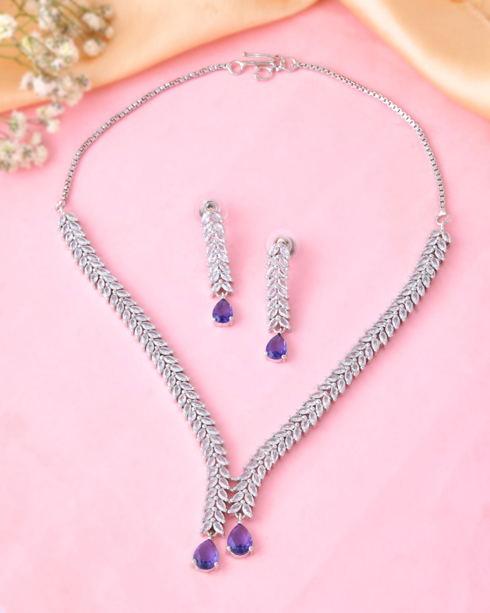 Jewels Nest Purple Stone Diamond-Style Necklace Set With Drop Earrings - Distacart