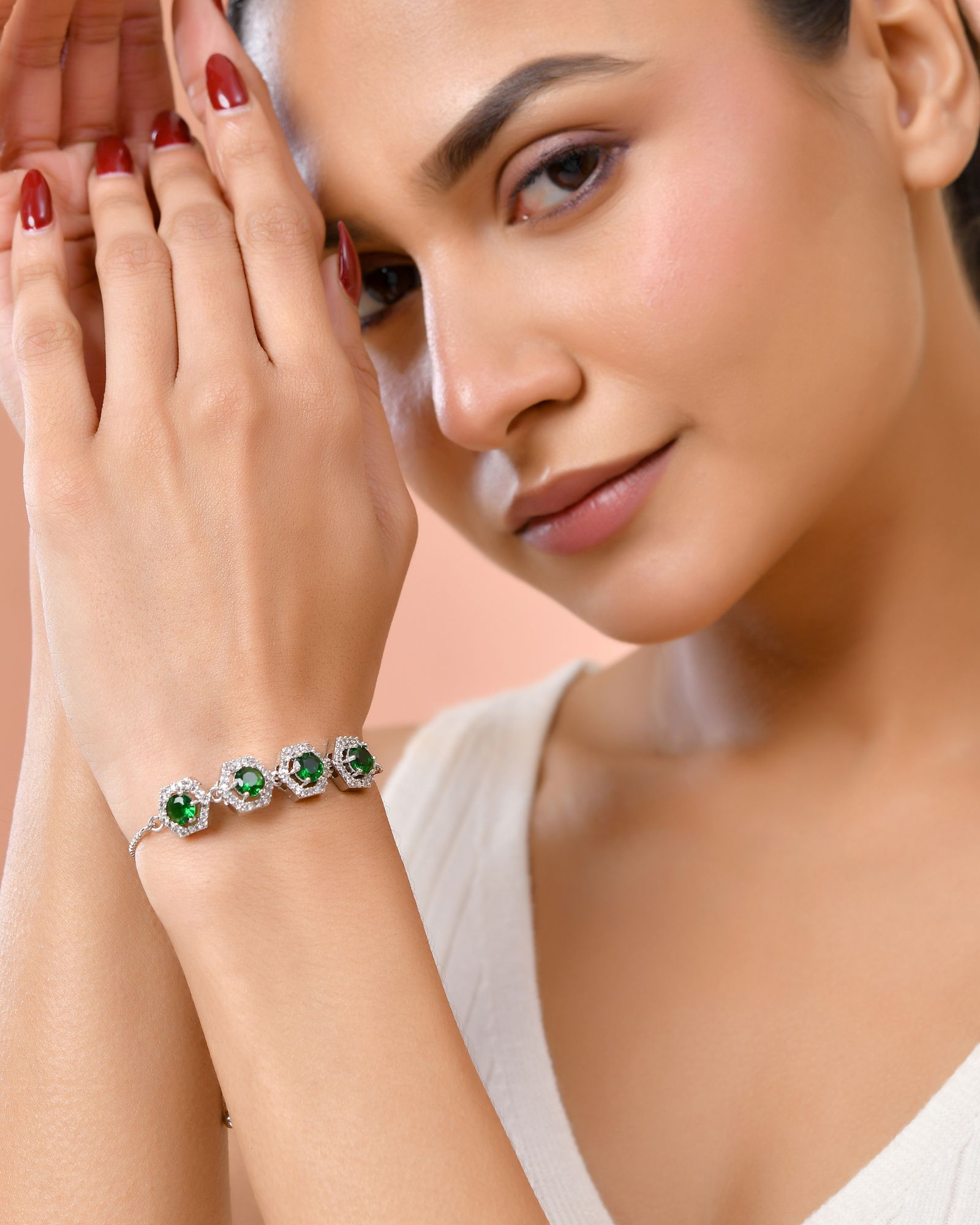Jewels Nest Emerald Green Stone Diamond-Style Adjustable Bracelet - Distacart