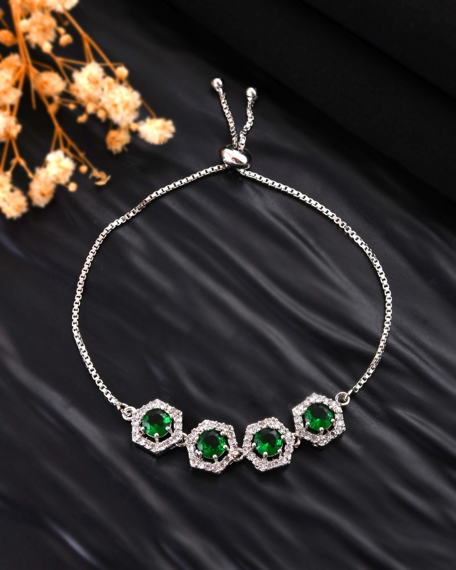 Jewels Nest Emerald Green Stone Diamond-Style Adjustable Bracelet - Distacart