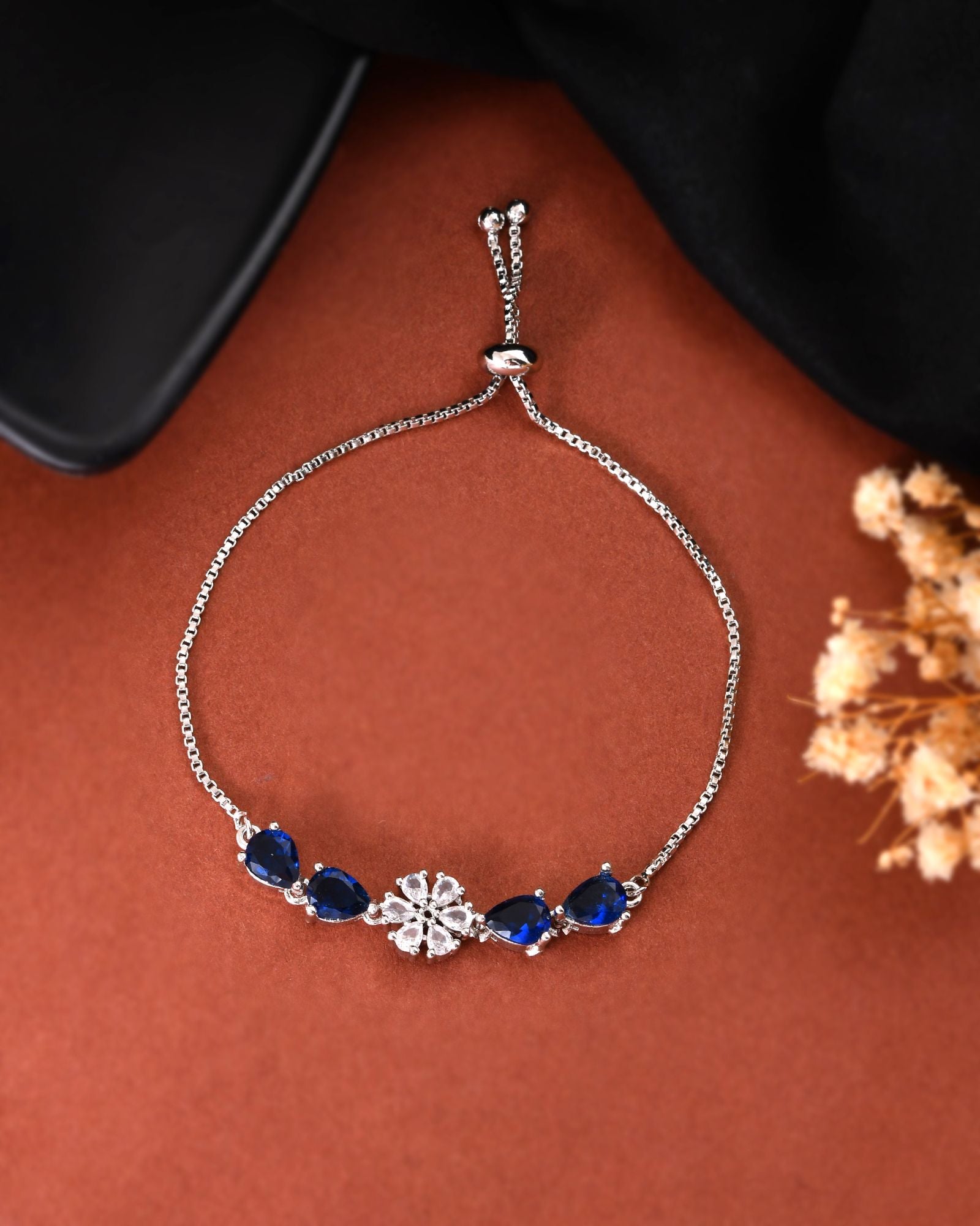 Jewels Nest Royal Blue Floral Diamond-Style Adjustable Bracelet - Distacart