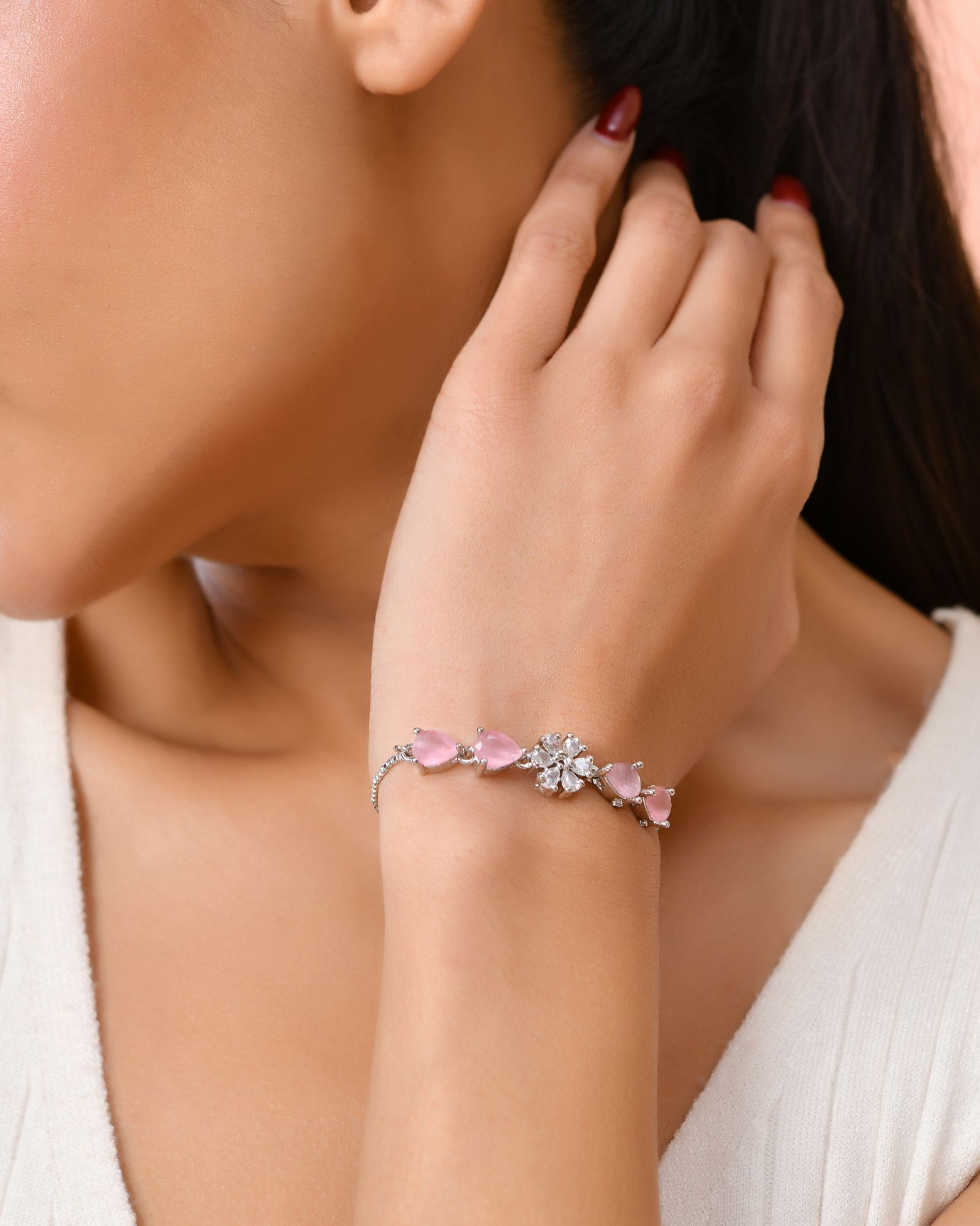 Jewels Nest Soft Pink Floral Diamond-Style Adjustable Bracelet - Distacart