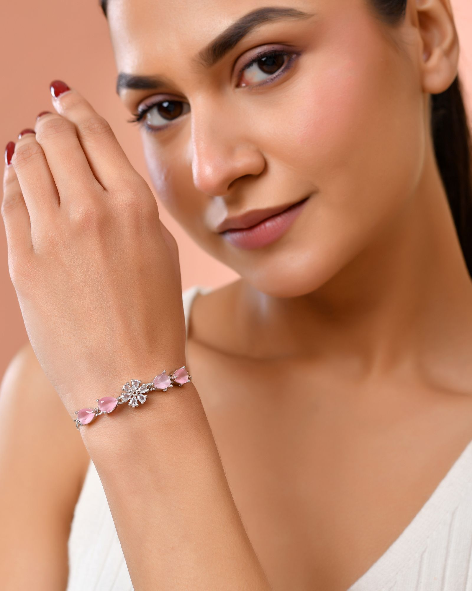 Jewels Nest Soft Pink Floral Diamond-Style Adjustable Bracelet - Distacart