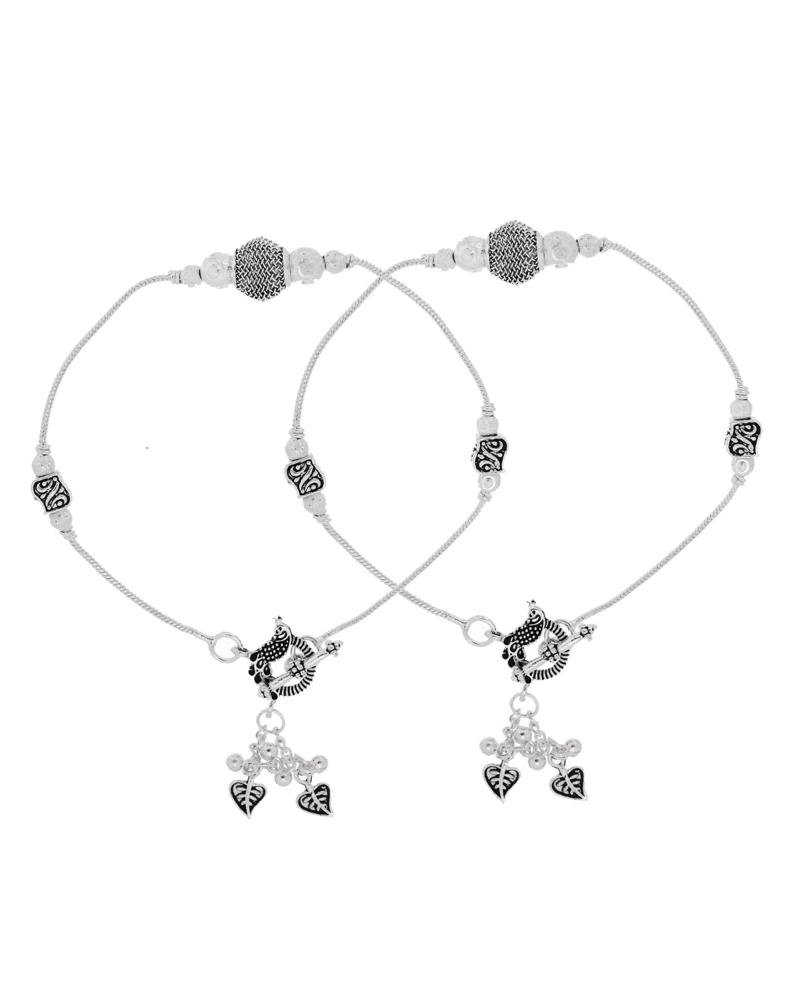 Jewels Nest Oxidised Silver Beaded Adjustable Anklet With Leaf Charm - Distacart