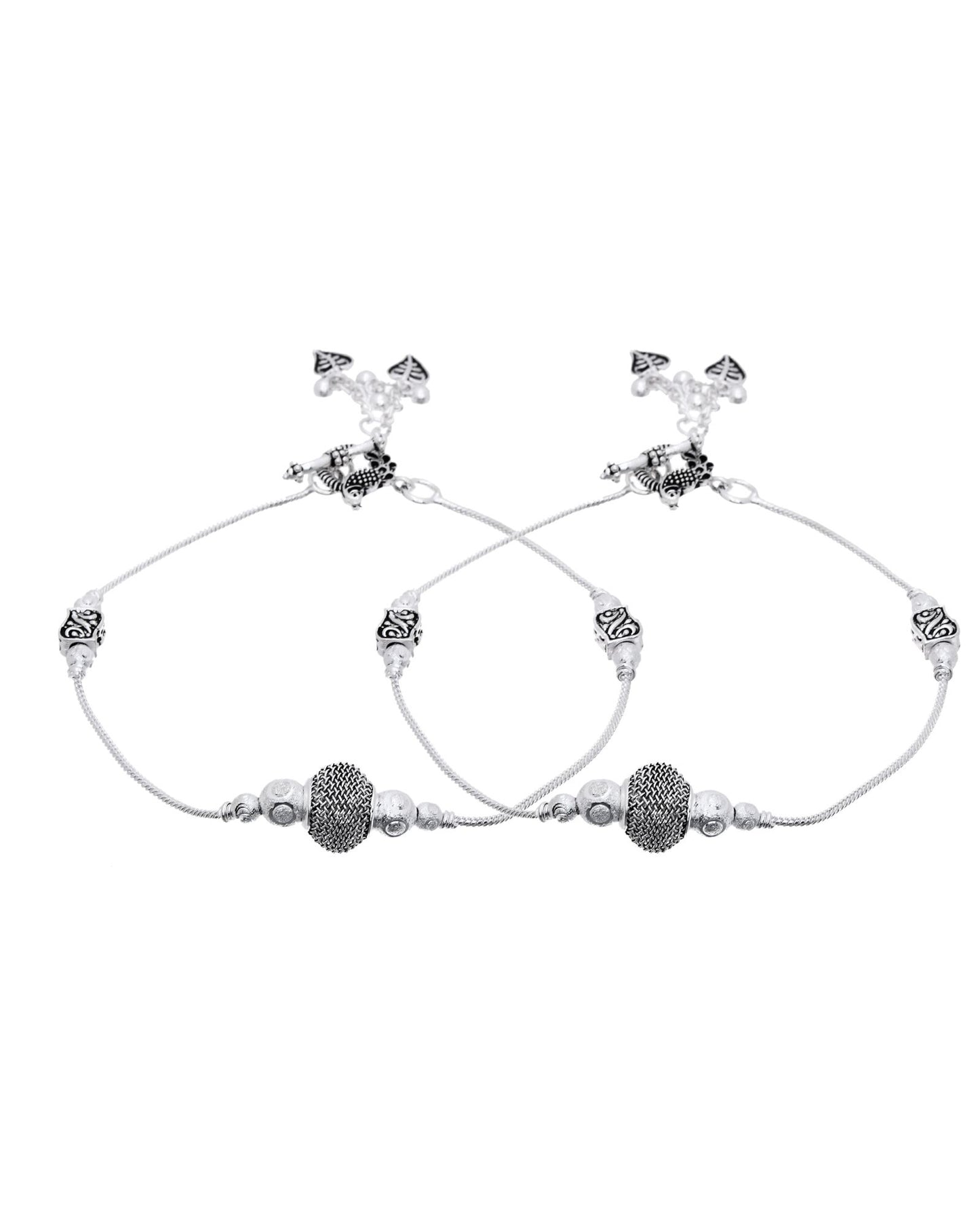 Jewels Nest Oxidised Silver Beaded Adjustable Anklet With Leaf Charm - Distacart