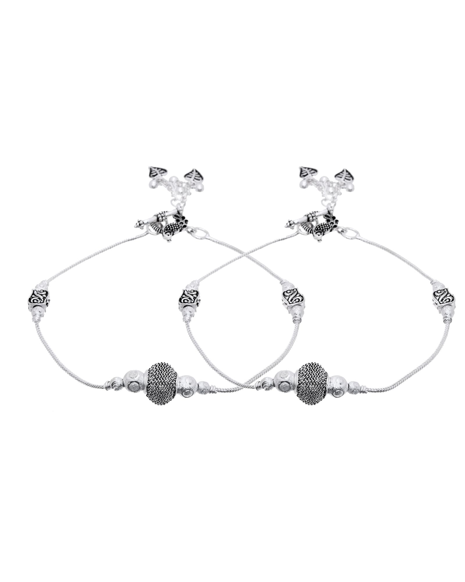 Jewels Nest Oxidised Silver Beaded Adjustable Anklet With Leaf Charm - Distacart