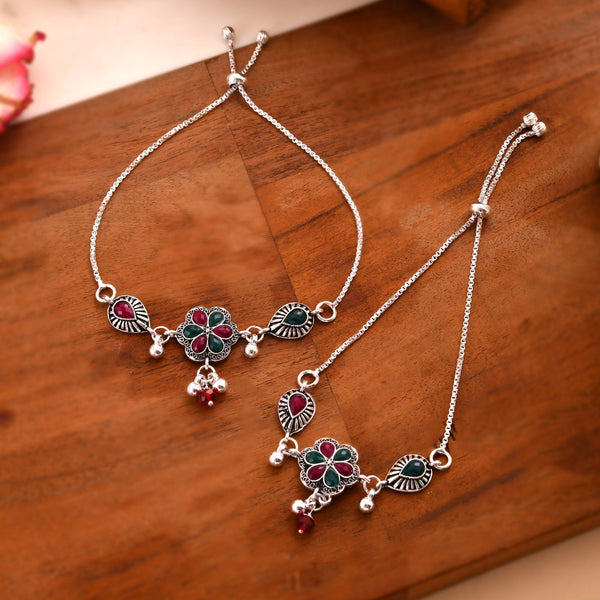Jewels Nest Silver Plated Floral Stone Adjustable Anklet With Ghungroo Charms For Women - Distacart