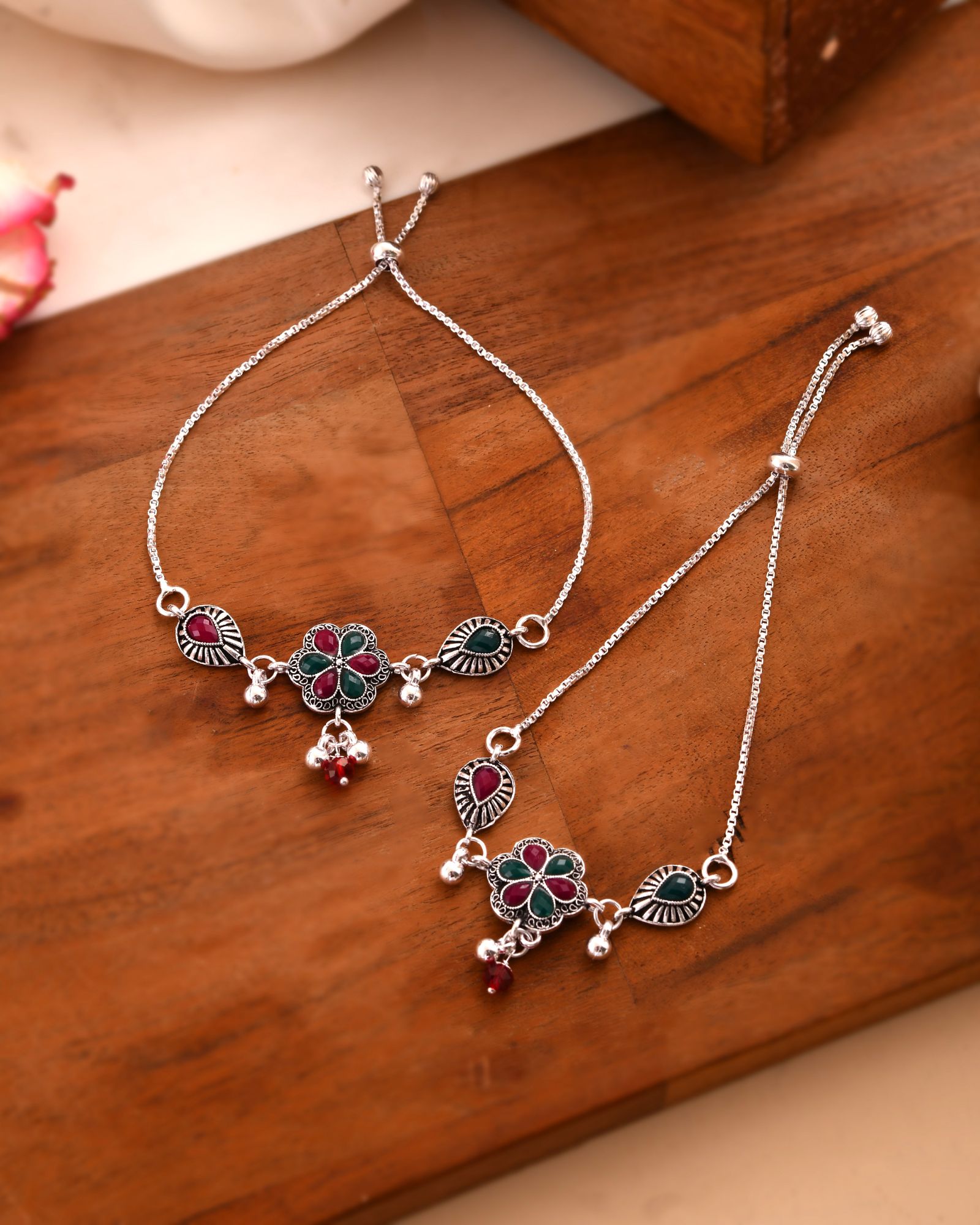 Jewels Nest Silver Plated Floral Stone Adjustable Anklet With Ghungroo Charms For Women - Distacart