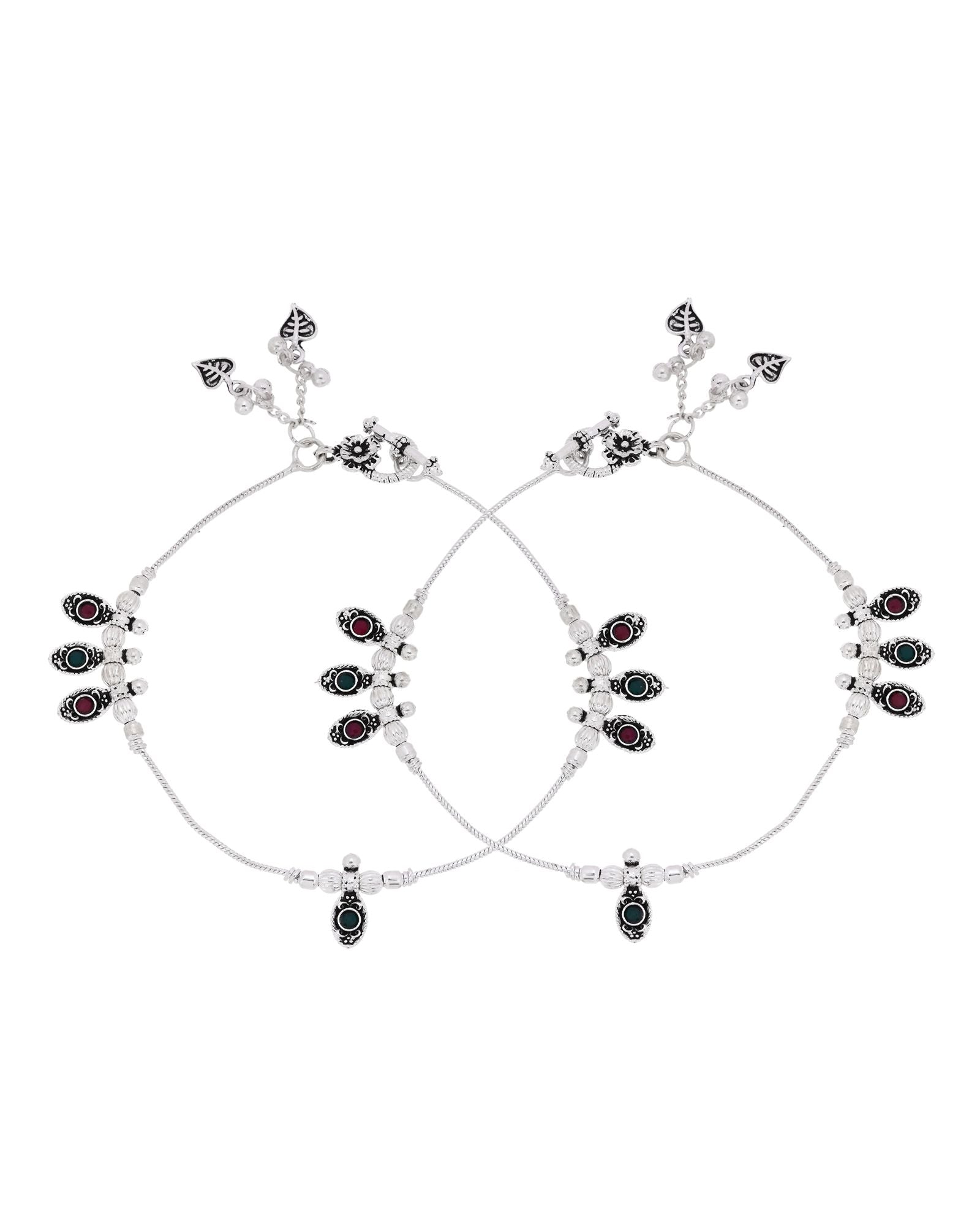 Jewels Nest Silver Plated Oval Stone Adjustable Anklet With Leaf Charms For Women - Distacart