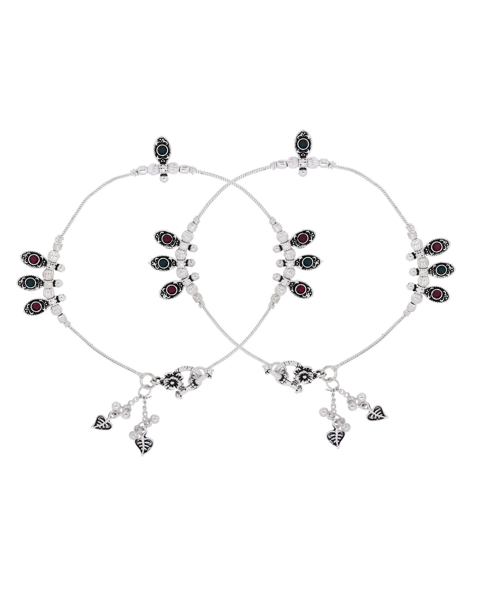 Jewels Nest Silver Plated Oval Stone Adjustable Anklet With Leaf Charms For Women - Distacart