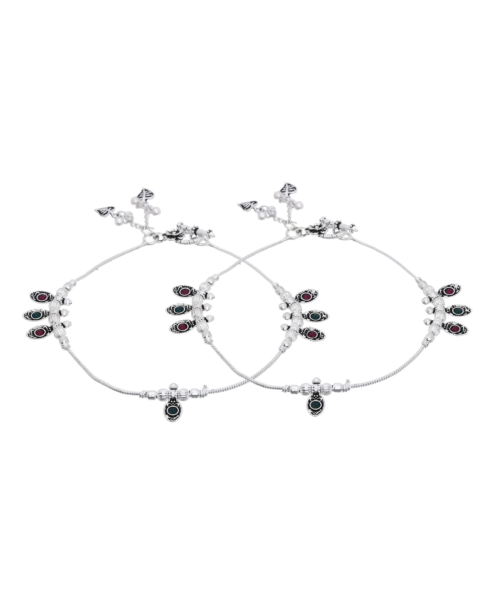 Jewels Nest Silver Plated Oval Stone Adjustable Anklet With Leaf Charms For Women - Distacart