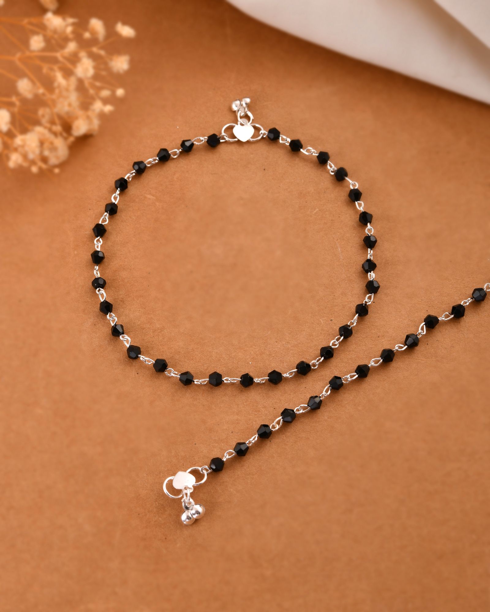 Jewels Nest Classic Black Bead Silver Anklet With Minimal Adjustable Design - Distacart