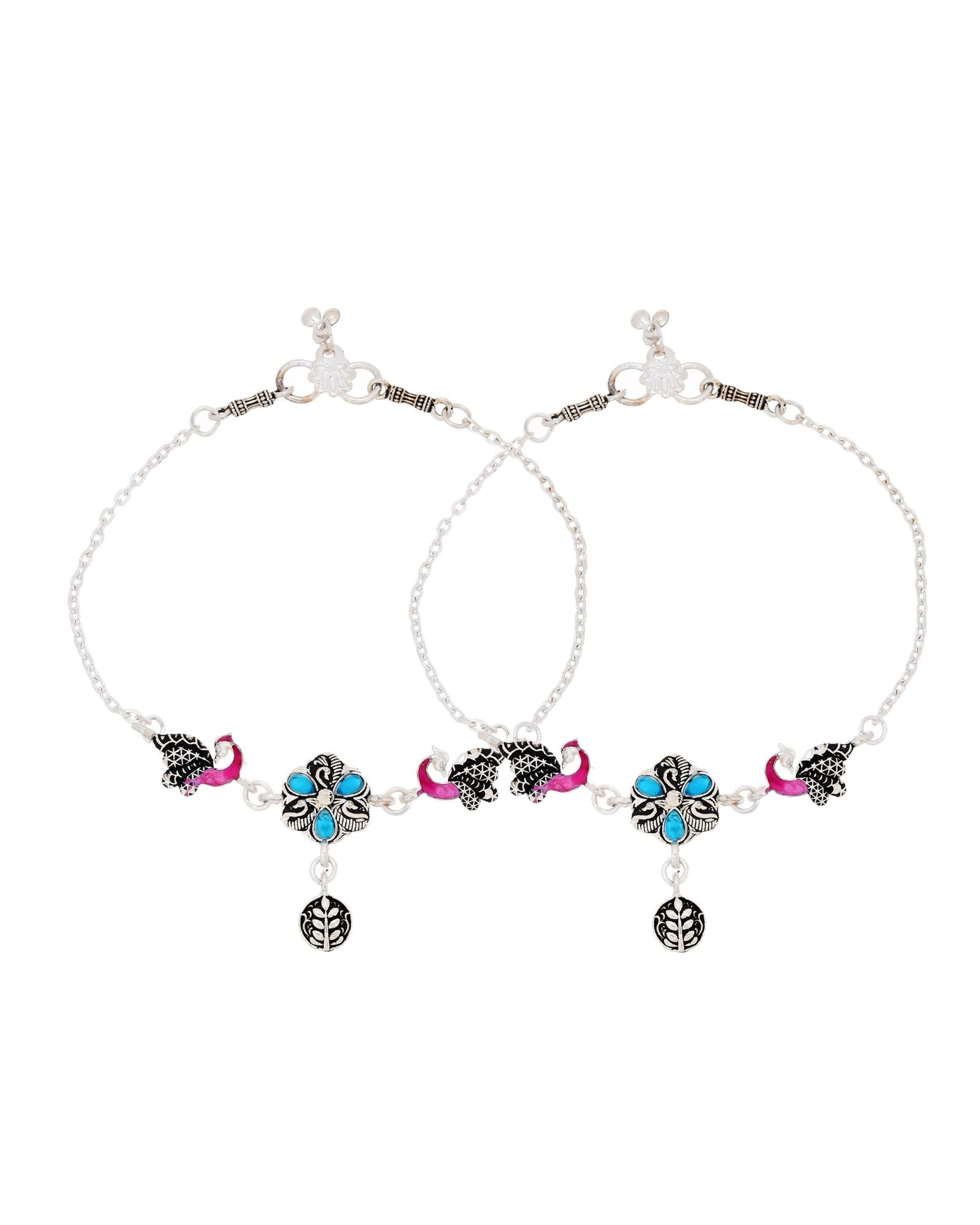 Jewels Nest Peacock Blossom Silver Anklet With Turquoise Enamel And Artistic Danglers - Distacart