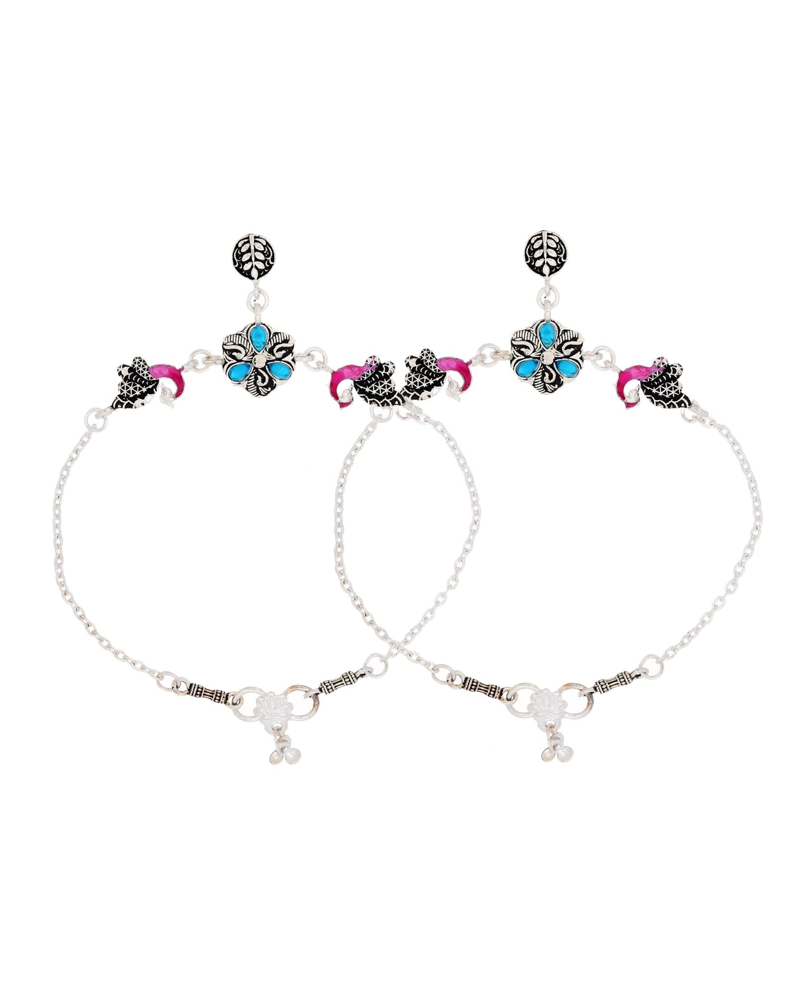 Jewels Nest Peacock Blossom Silver Anklet With Turquoise Enamel And Artistic Danglers - Distacart