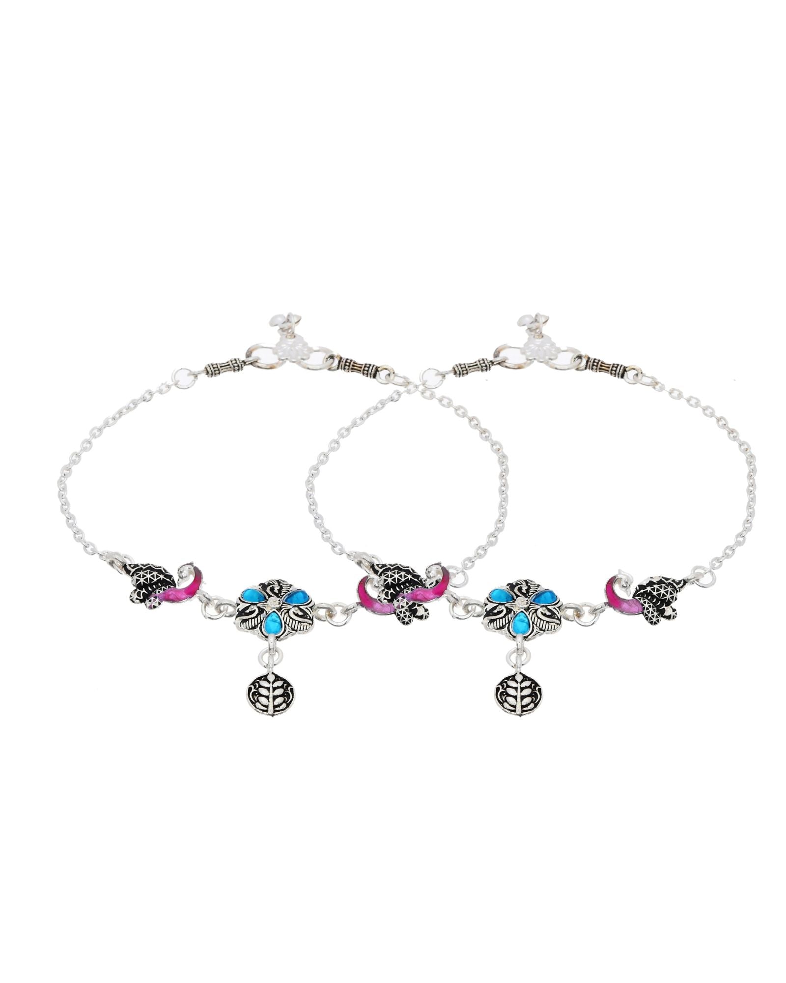 Jewels Nest Peacock Blossom Silver Anklet With Turquoise Enamel And Artistic Danglers - Distacart