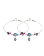 Thumbnail for Jewels Nest Peacock Blossom Silver Anklet With Turquoise Enamel And Artistic Danglers - Distacart
