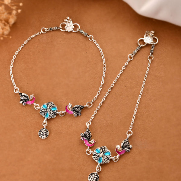 Jewels Nest Peacock Blossom Silver Anklet With Turquoise Enamel And Artistic Danglers - Distacart