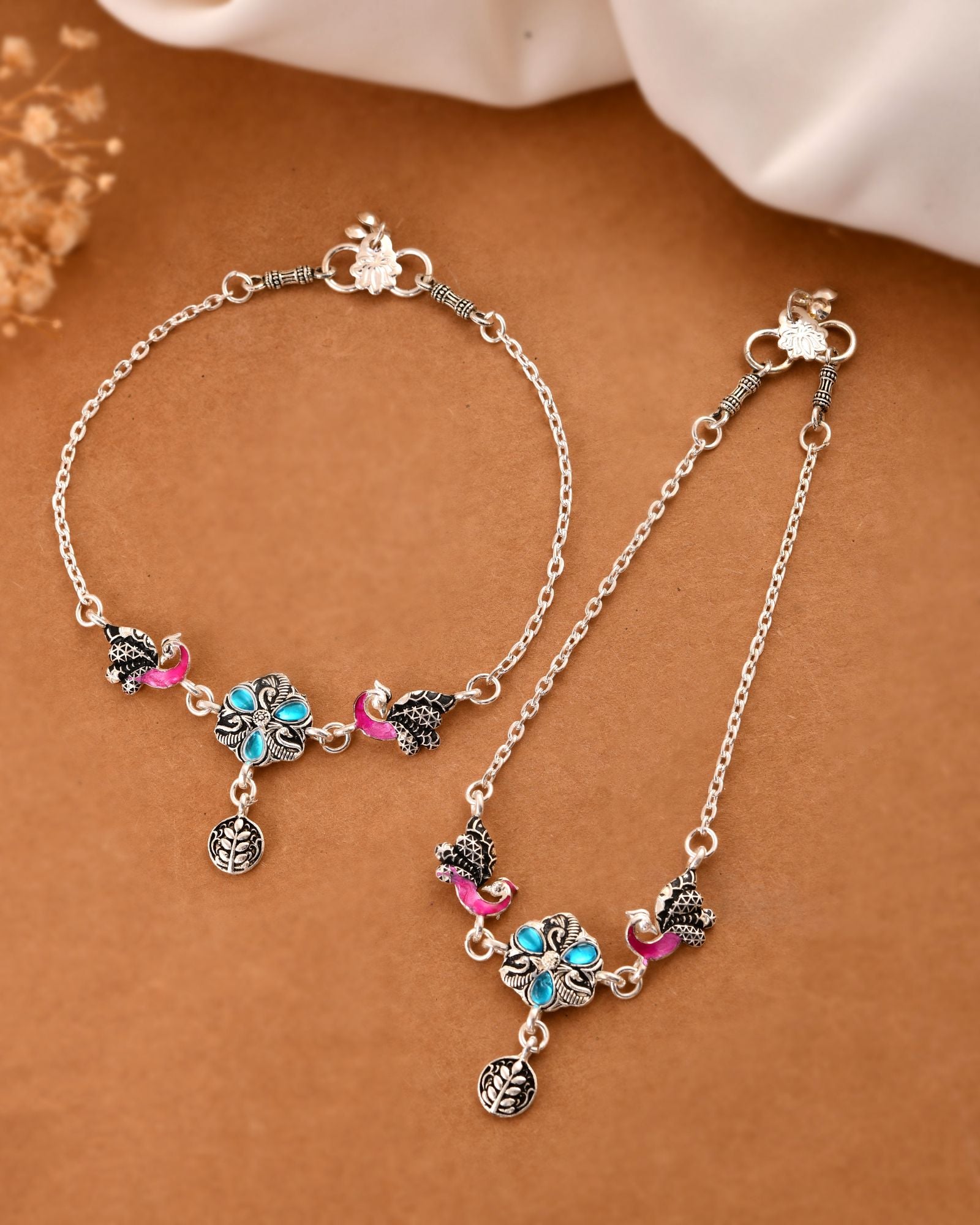 Jewels Nest Peacock Blossom Silver Anklet With Turquoise Enamel And Artistic Danglers - Distacart