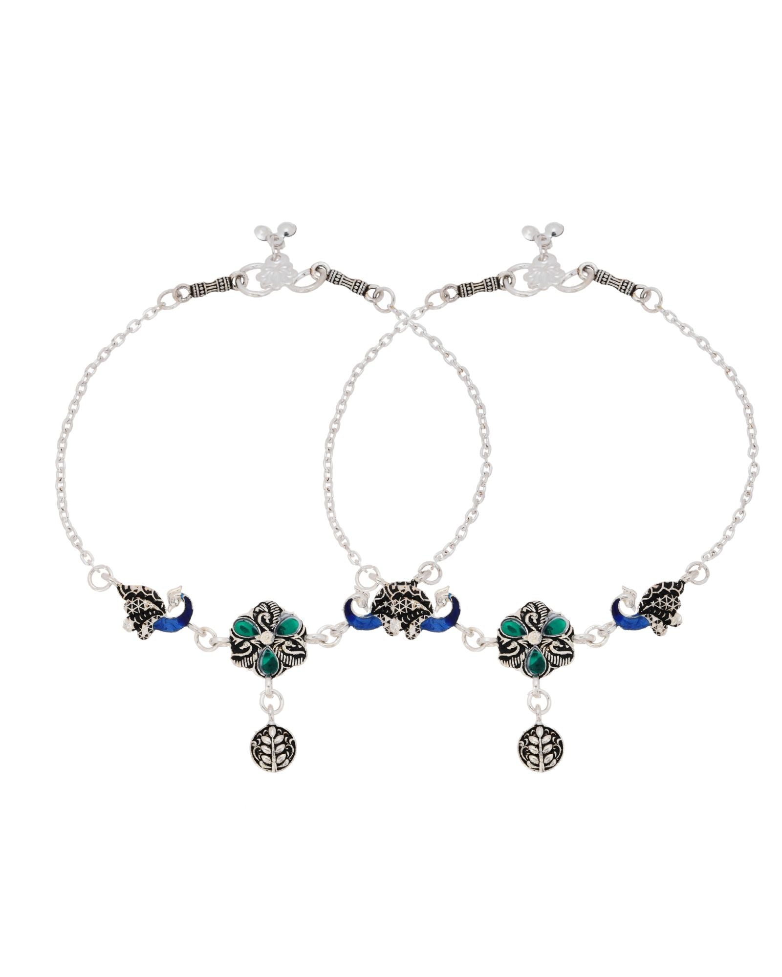 Jewels Nest Royal Peacock Charm Silver Anklet With Emerald Floral Centre And Leaf Drop - Distacart