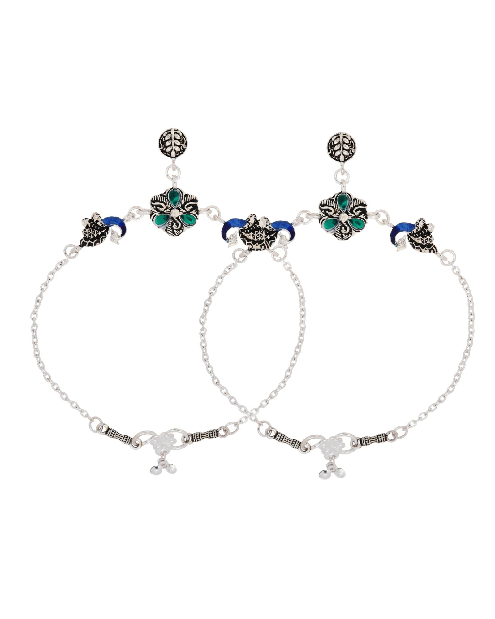 Jewels Nest Royal Peacock Charm Silver Anklet With Emerald Floral Centre And Leaf Drop - Distacart