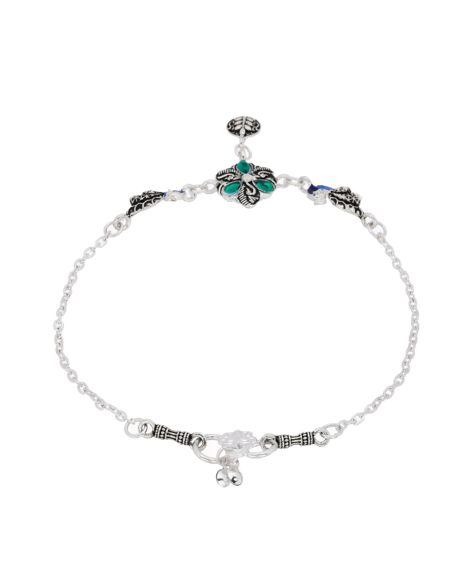 Jewels Nest Royal Peacock Charm Silver Anklet With Emerald Floral Centre And Leaf Drop - Distacart