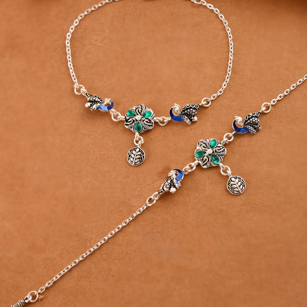 Jewels Nest Royal Peacock Charm Silver Anklet With Emerald Floral Centre And Leaf Drop - Distacart