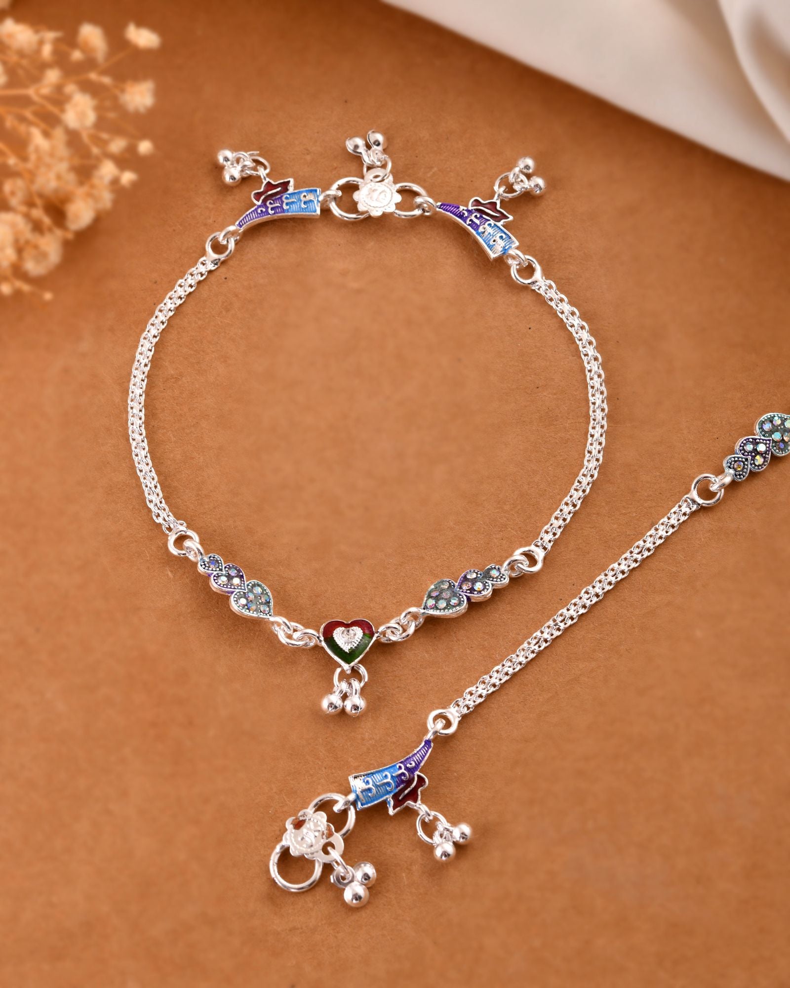 Jewels Nest Eternal Heart Silver Anklet With Multicolour Enamel Motifs And Bell Drop Detail - Distacart