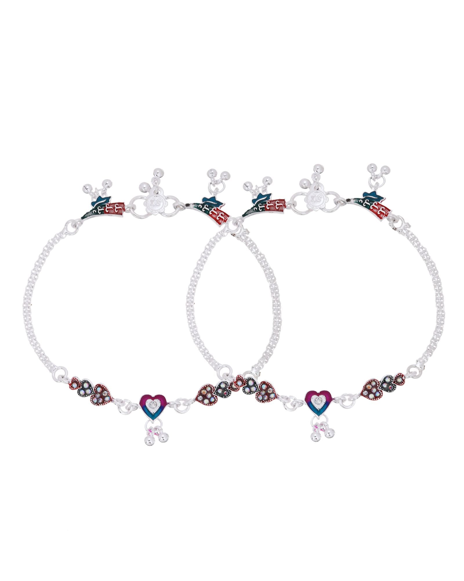 Jewels Nest Celebration Heart Silver Anklet With Enamel Accents And Twin Bell Charm - Distacart