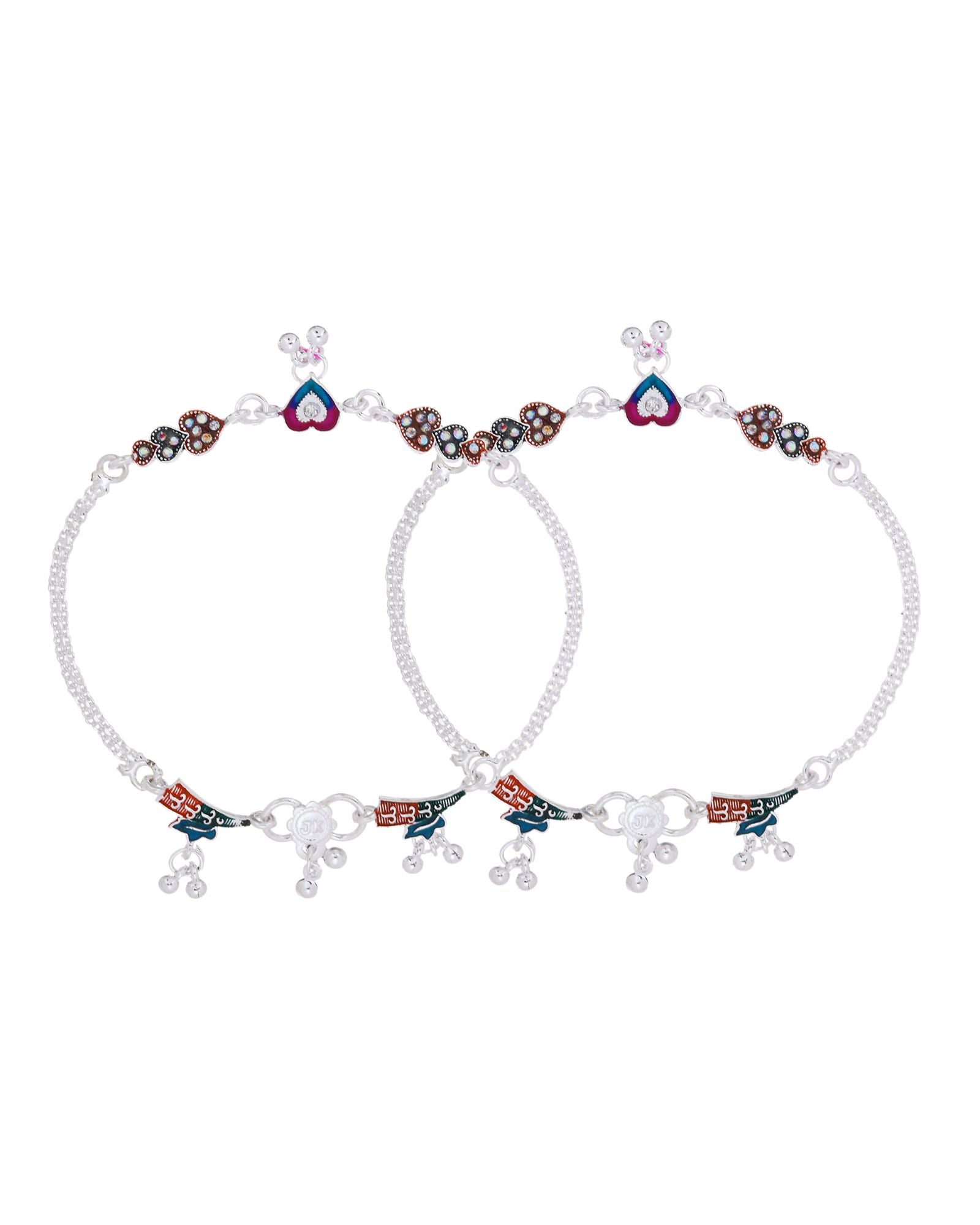 Jewels Nest Celebration Heart Silver Anklet With Enamel Accents And Twin Bell Charm - Distacart