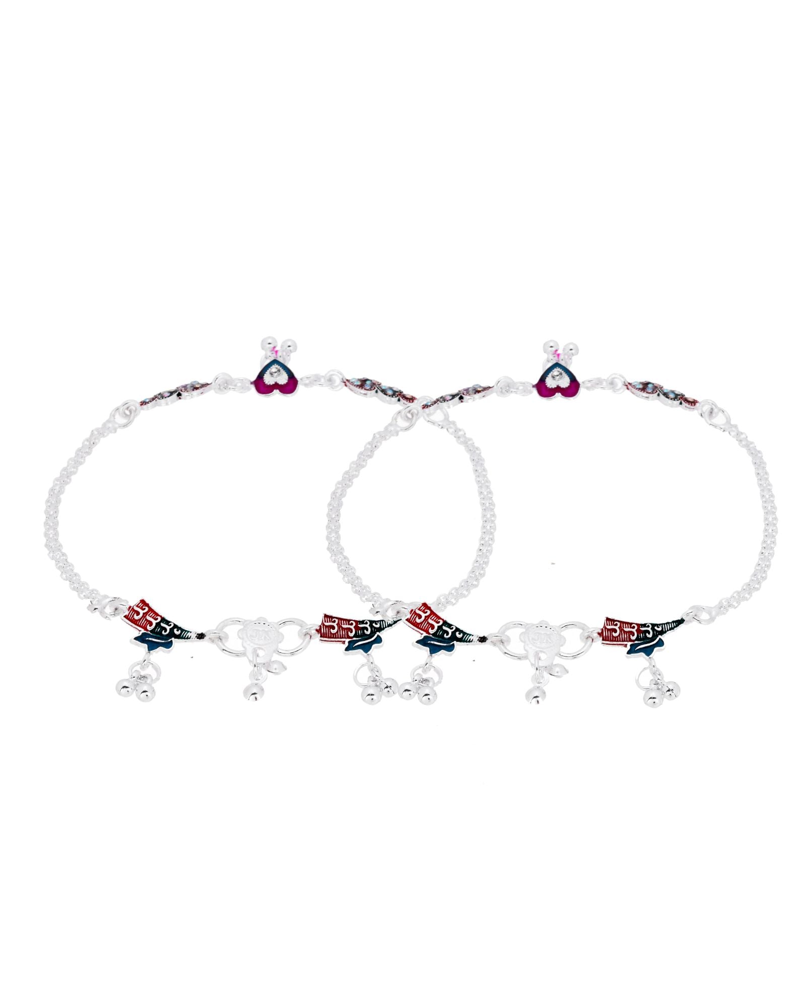 Jewels Nest Celebration Heart Silver Anklet With Enamel Accents And Twin Bell Charm - Distacart