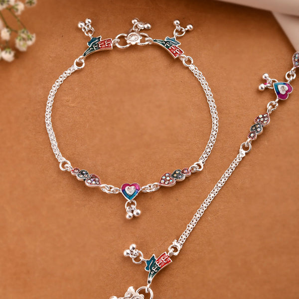 Jewels Nest Celebration Heart Silver Anklet With Enamel Accents And Twin Bell Charm - Distacart