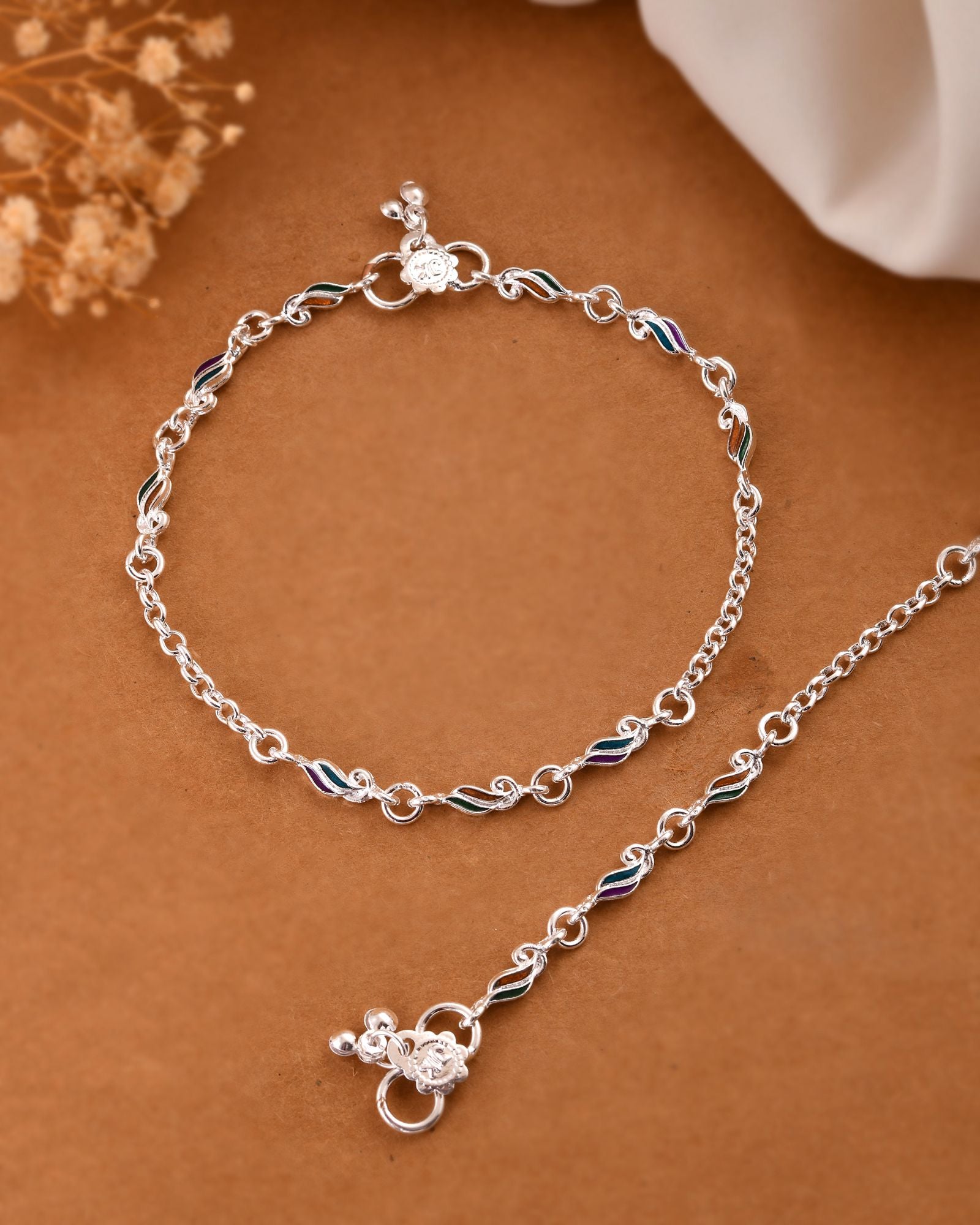 Jewels Nest Graceflow Silver Anklet With Multi Color Enamel Wave Links And Bell Finish - Distacart