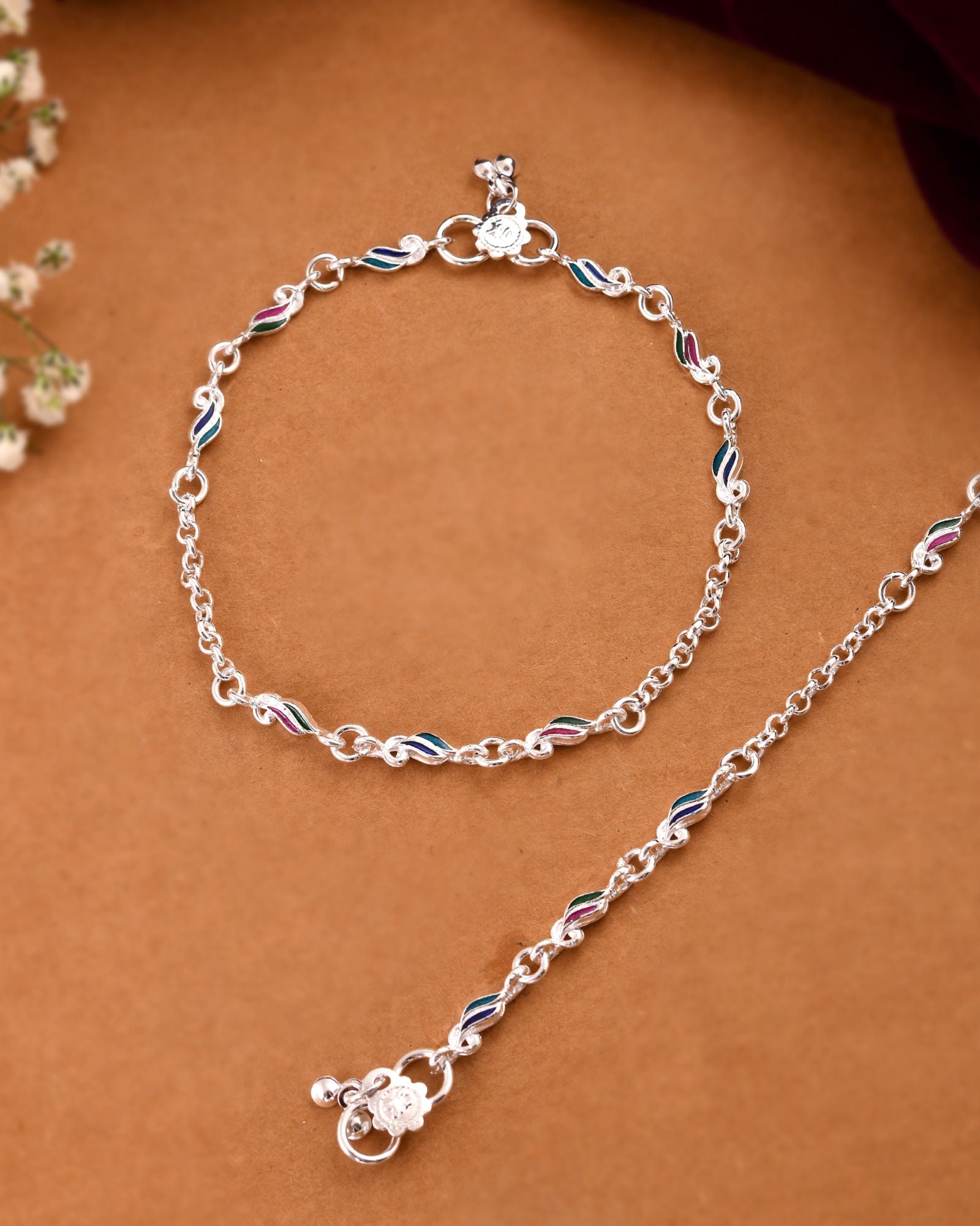 Jewels Nest Rippletone Silver Anklet With Multicolour Enamel Link Detailing And Floral Clasp - Distacart