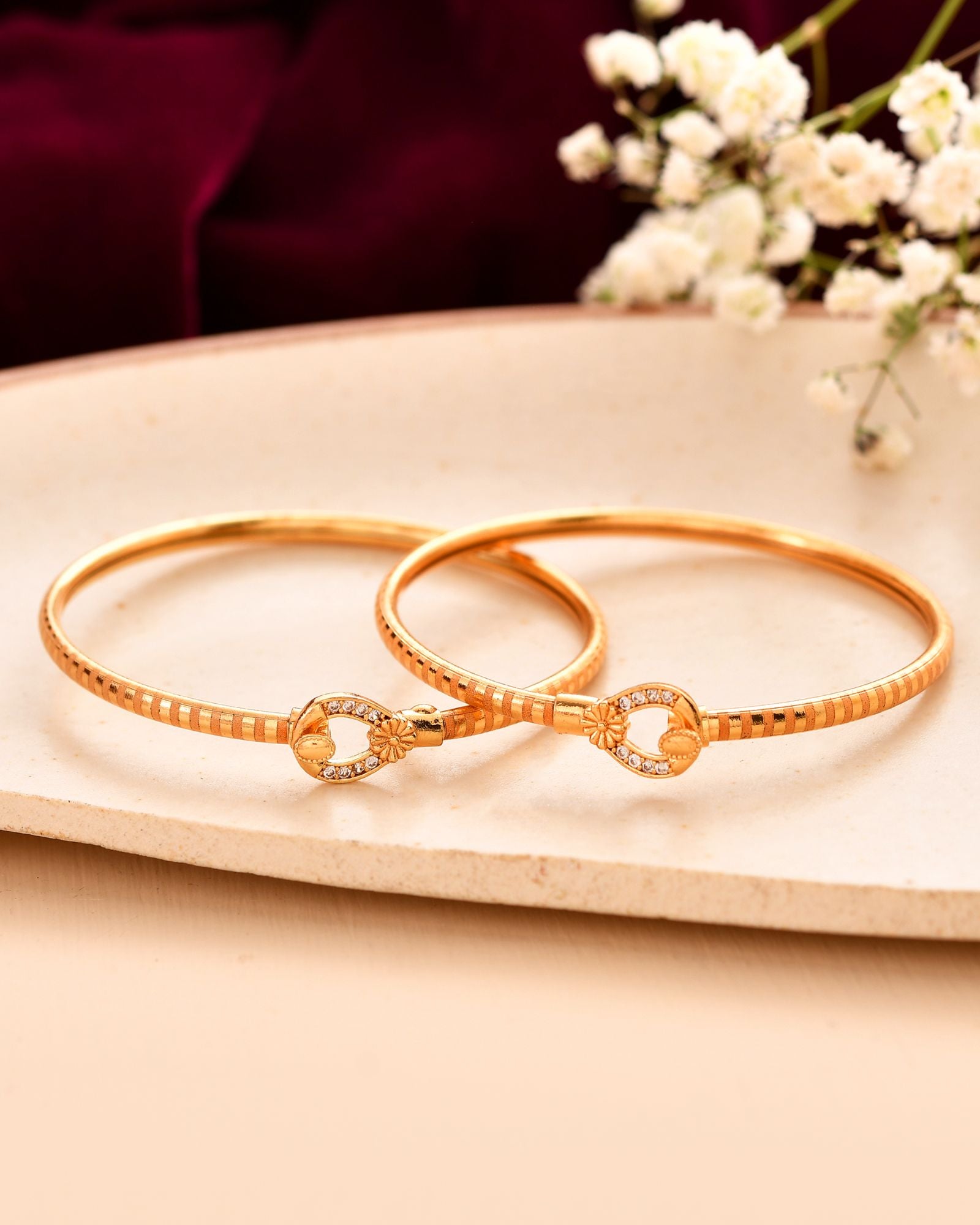 Jewels Nest Gold-Plated Textured Bangle Set With Crystal Accent For Women - Distacart