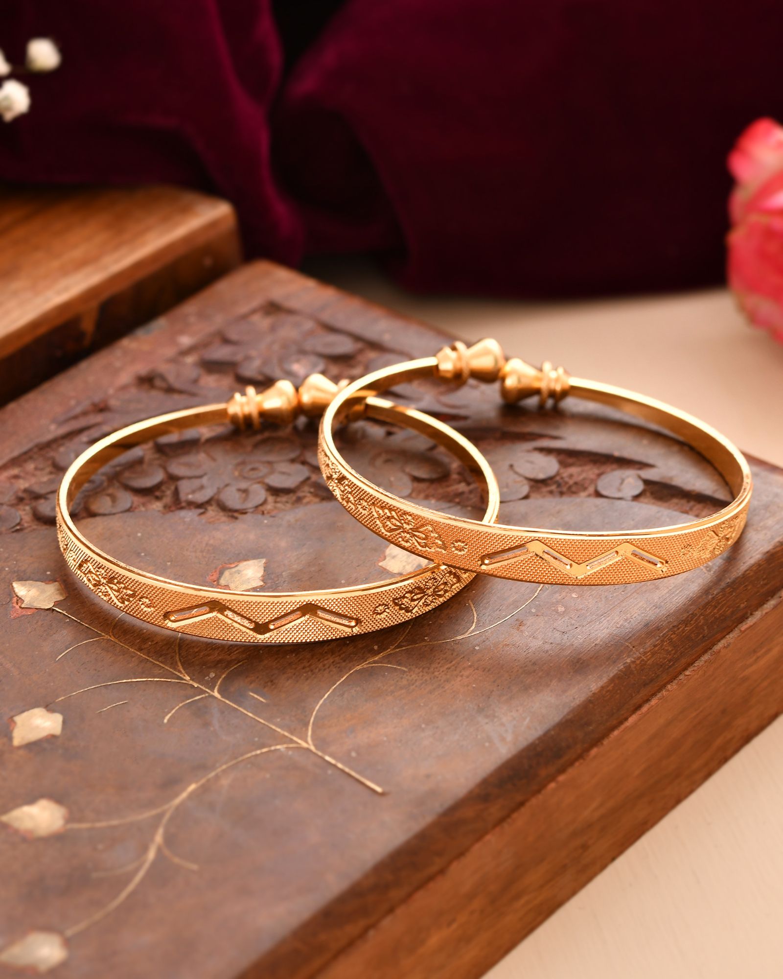 Jewels Nest Gold Plated Floral Engraved Bangles For Women | Classic Daily Wear Design Pair - Distacart