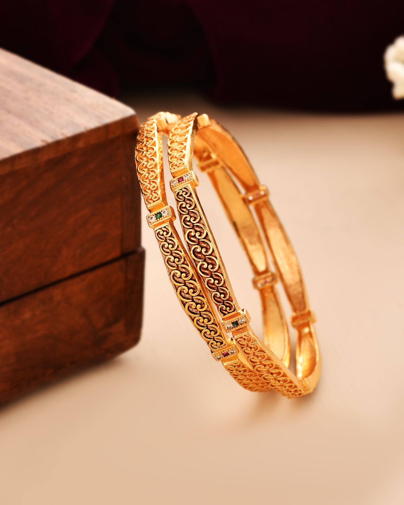 Jewels Nest Gold Finish Filigree Design Bangles For Women | Traditional Designer Pair - Distacart
